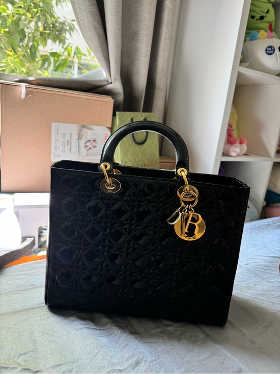 Dior Handbags - Dior Black Patent Leather Lady Dior Satchel with Gold Hardware Very New